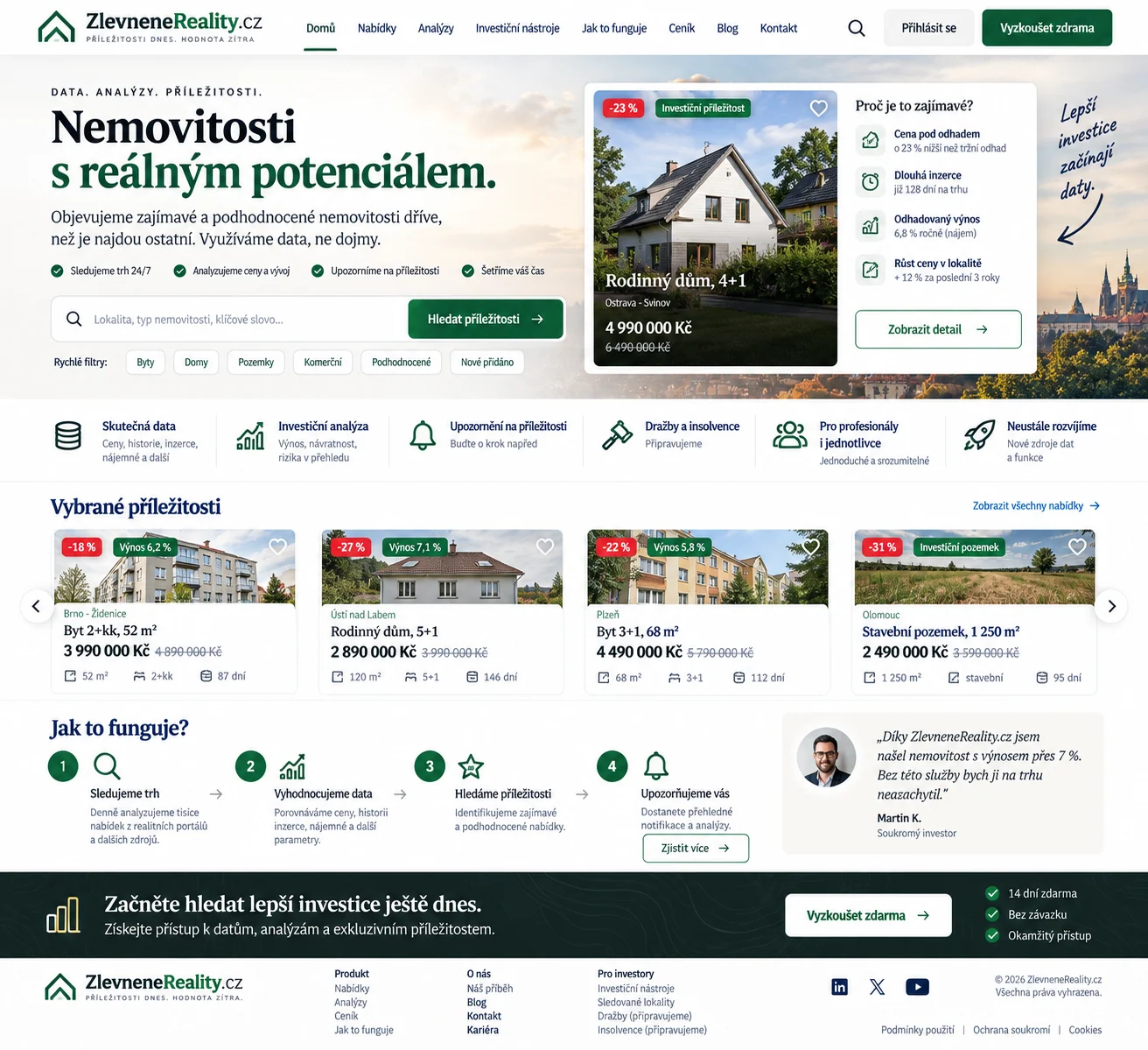 Ilustrační návrh platformy ZlevneneReality.cz s výběrem realitních příležitostí, cenou, historií nabídky a odhadovaným výnosem